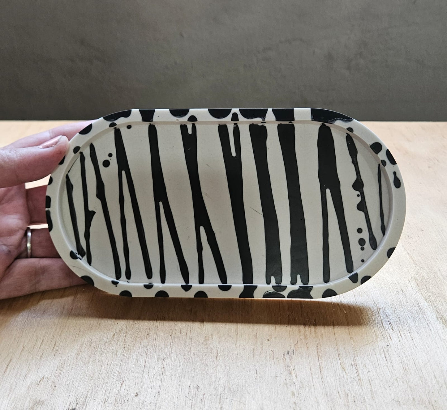 Black & White Striped Oval Trinket Tray