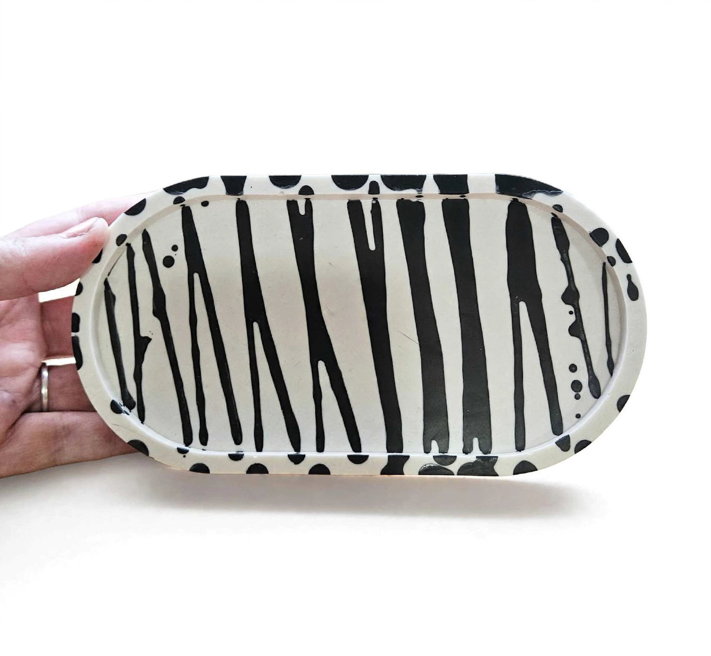 Black & White Striped Oval Trinket Tray